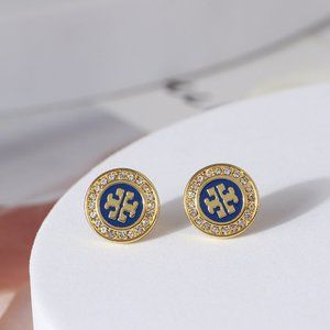Tory Burch Round Zircon Logo Stud Earrings